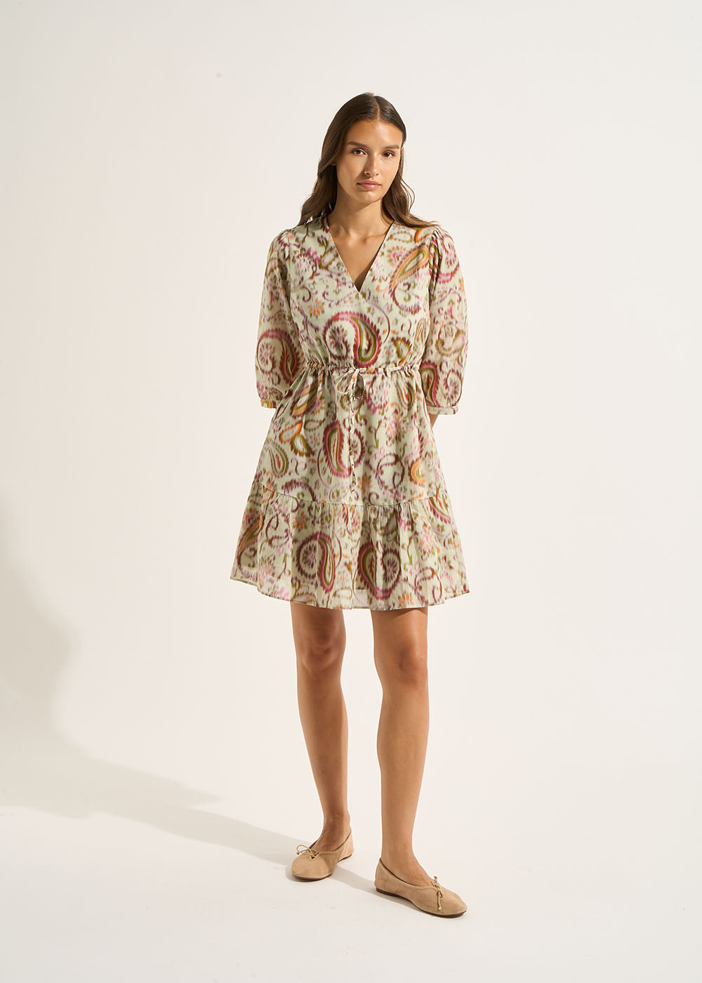 RELEA Cotton print short dress with V-neckline - 1 - Sud Express - Sud Express