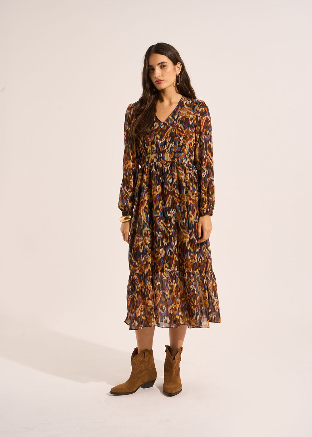 RELOYA Long printed dress with a V-neck and long puff sleeves - 1 - Sud Express - Sud Express
