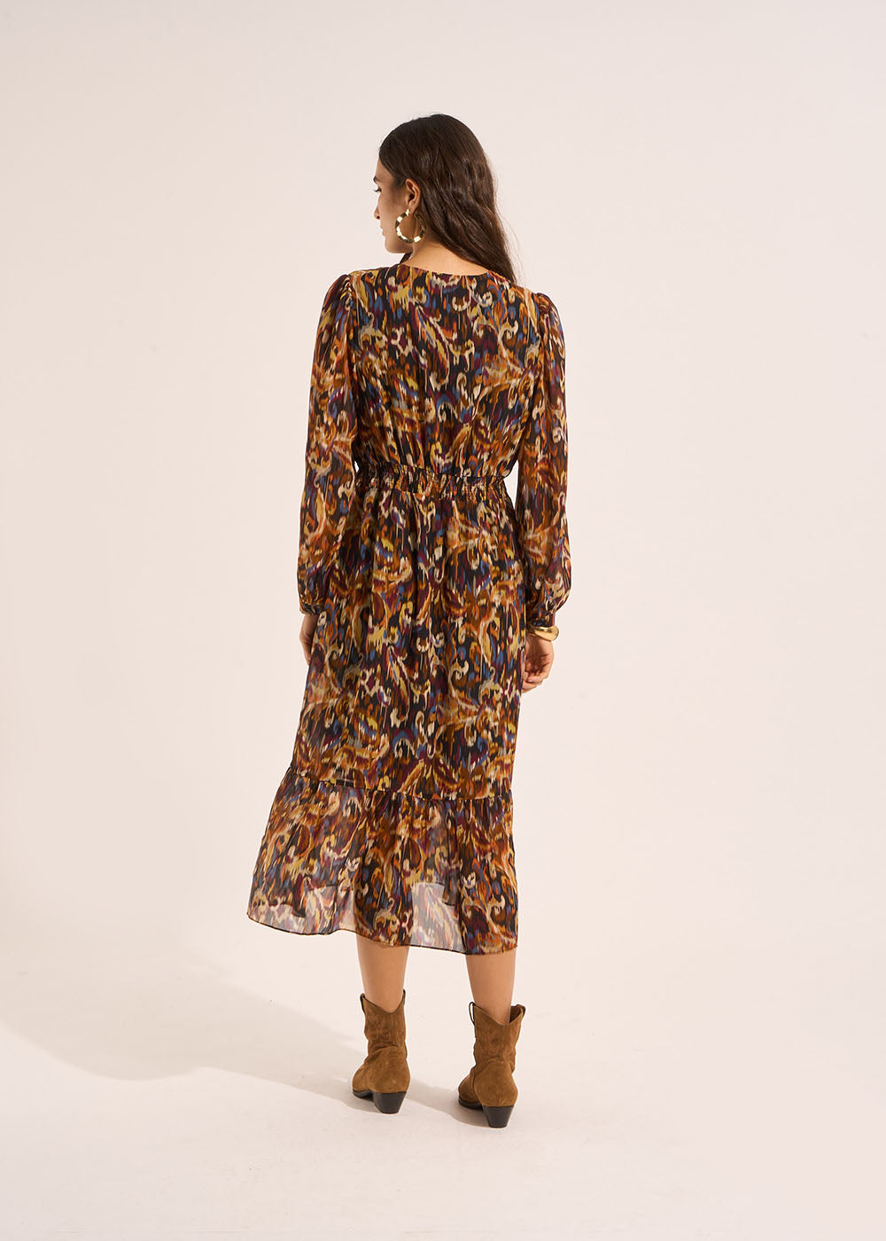 RELOYA Long printed dress with a V-neck and long puff sleeves - 3 - Sud Express - Sud Express