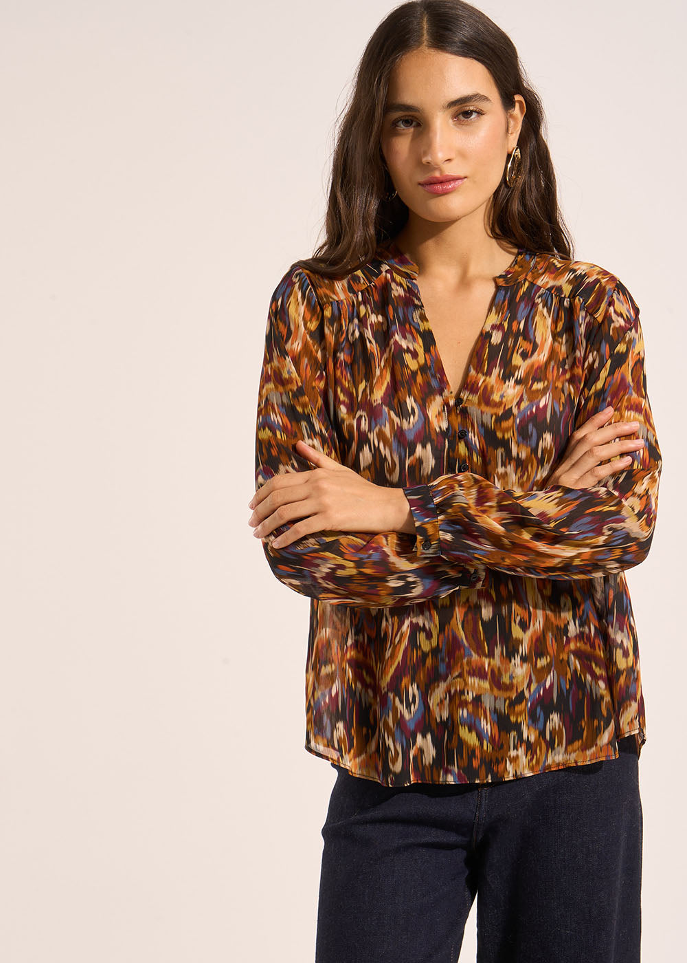 Loose-fitting long-sleeved blouse with multicoloured print - Sud Express - 5 - Sud Express