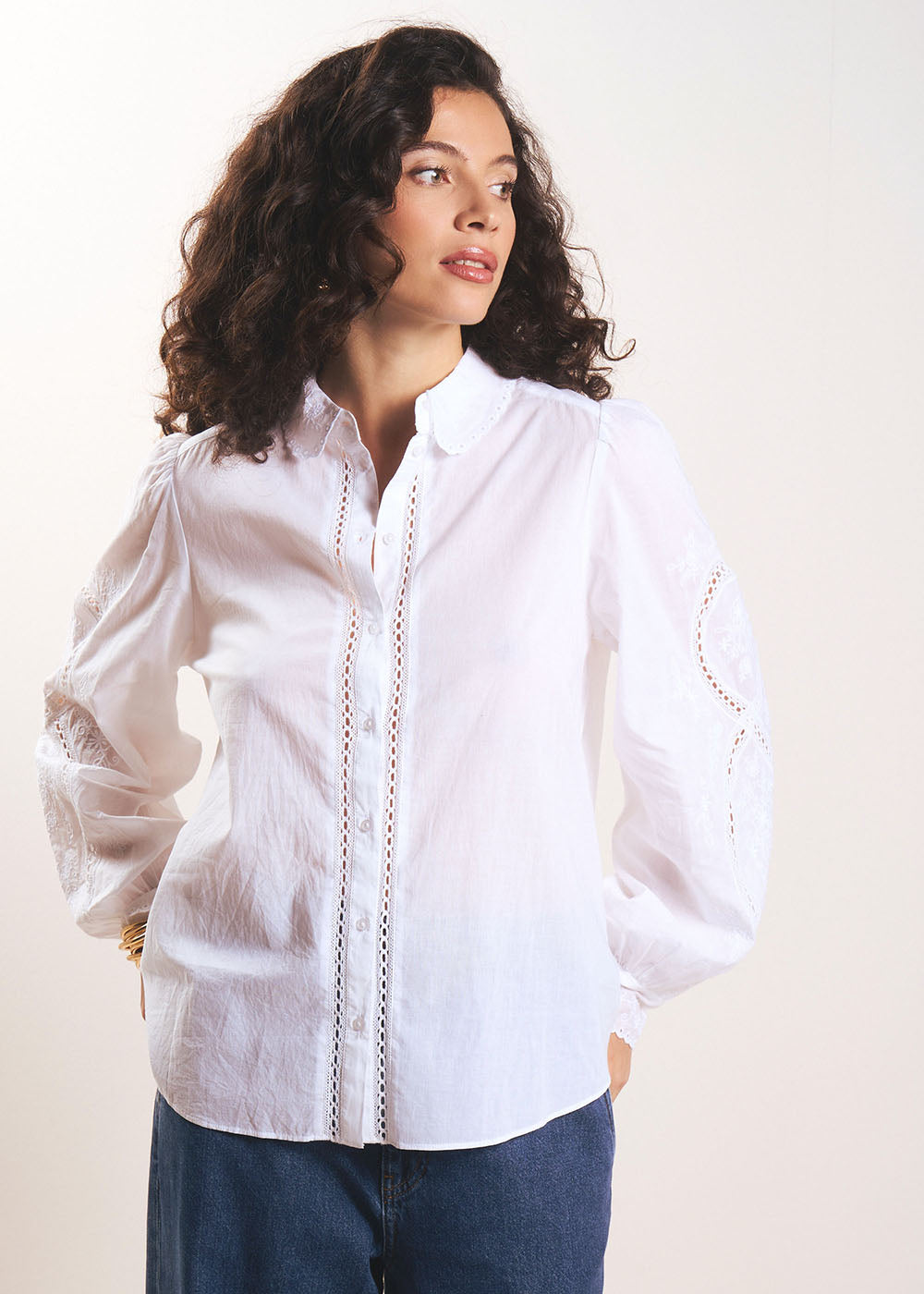 Embroidered long-sleeved puff-sleeve cotton blouse - Sud Express - 5 - Sud Express