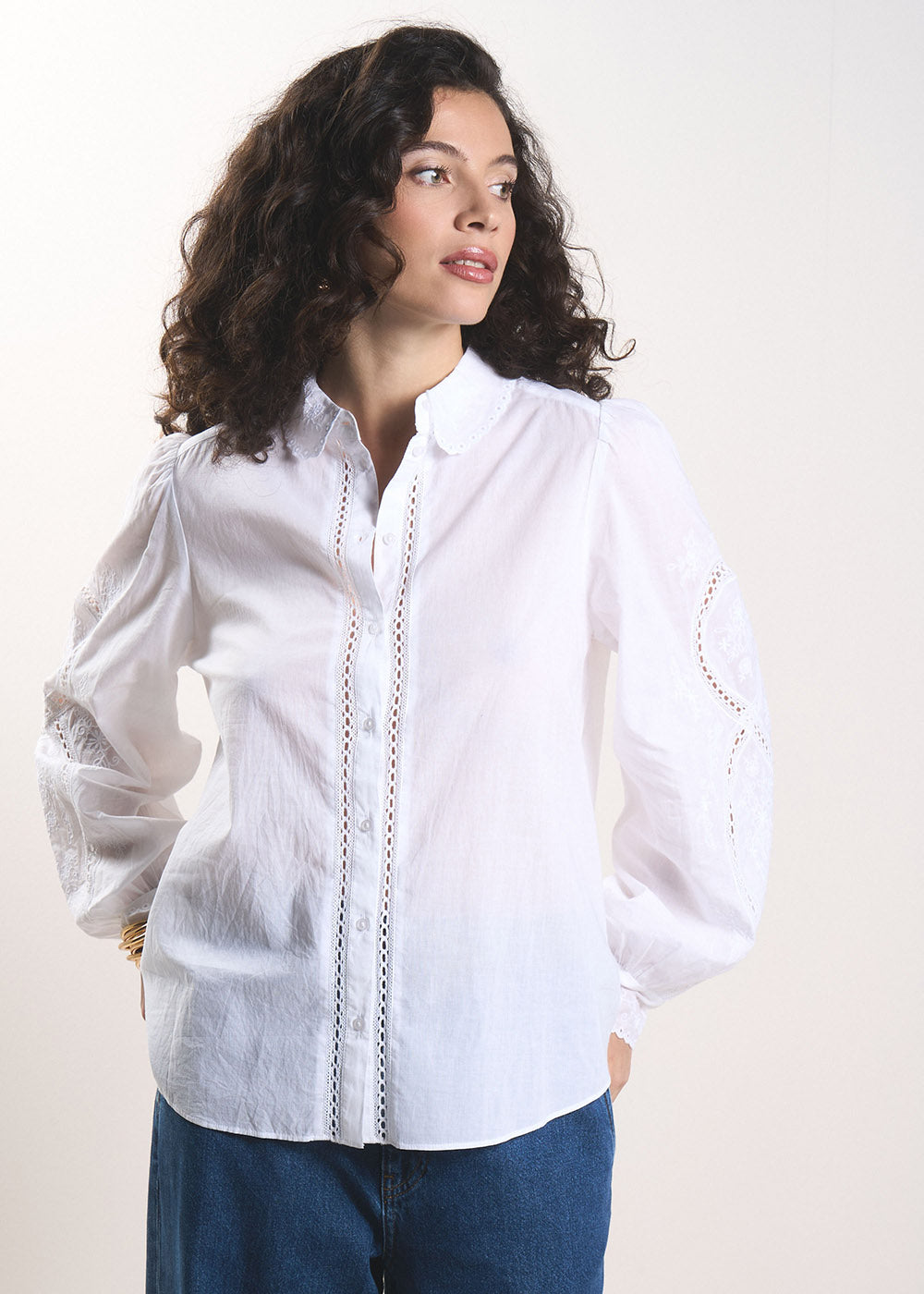 Embroidered long-sleeved puff-sleeve cotton blouse - Sud Express - 5 - Sud Express