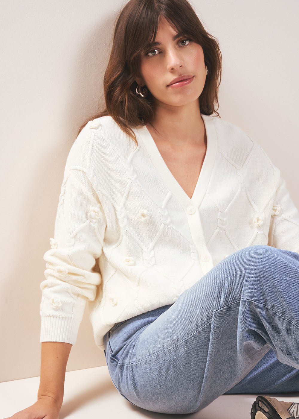 Twisted cotton cardigan with floral pattern - Sud Express - 5 - Sud Express
