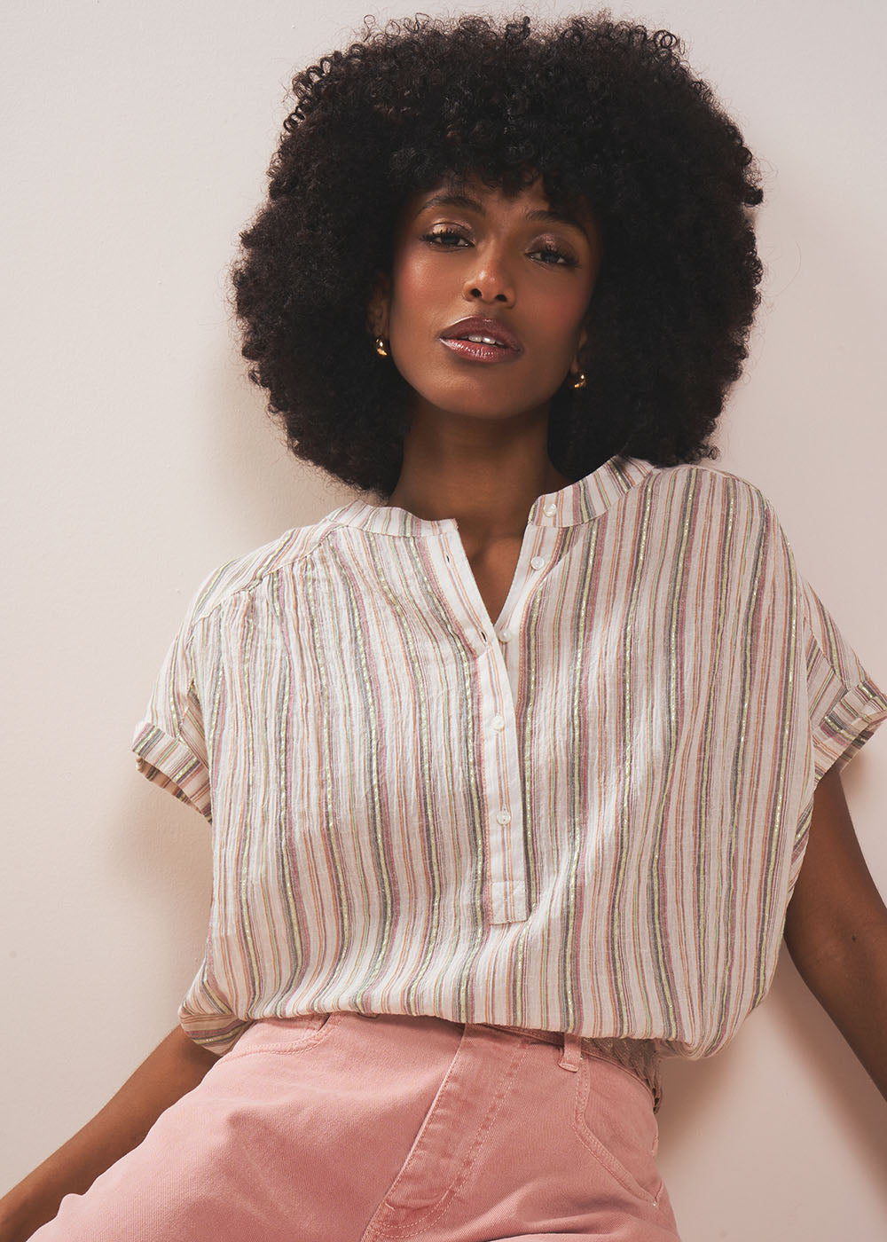 CAMEA Short-sleeved striped shirt with mandarin collar - 1 - Sud Express - Sud Express