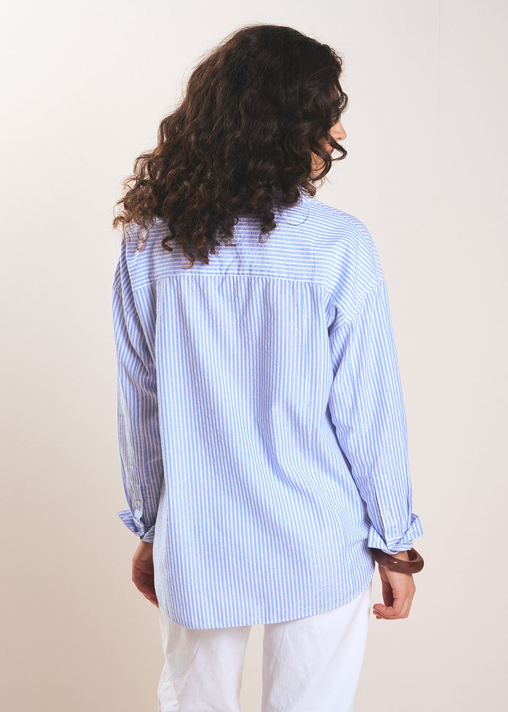 CARINE  Sky blue and white striped shirt with subtle lurex thread - 3 - Sud Express - Sud Express