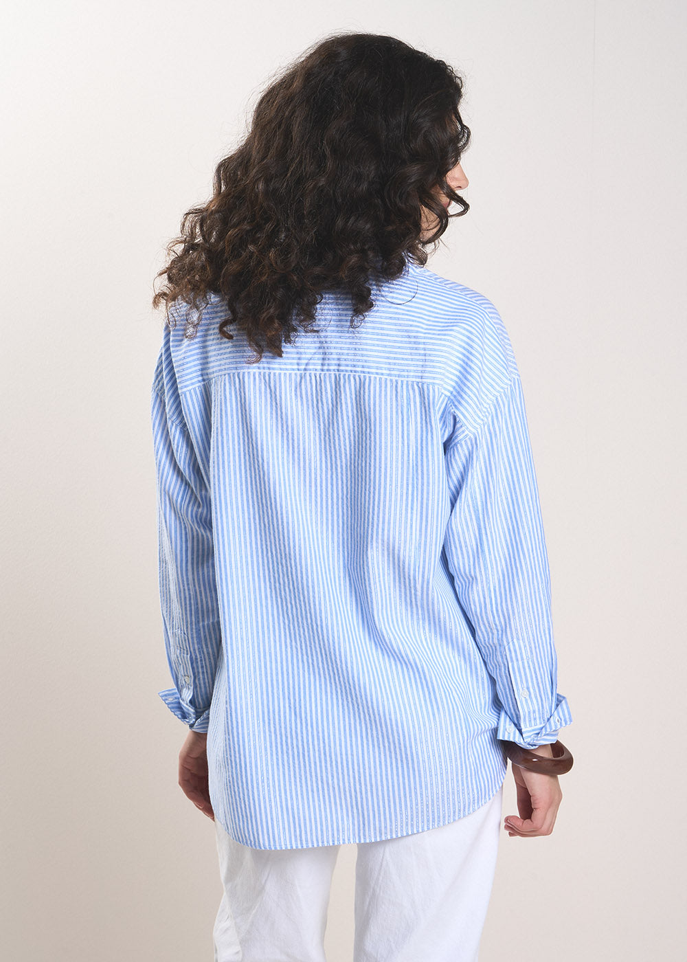 CARINE  Sky blue and white striped shirt with subtle lurex thread - 3 - Sud Express - Sud Express