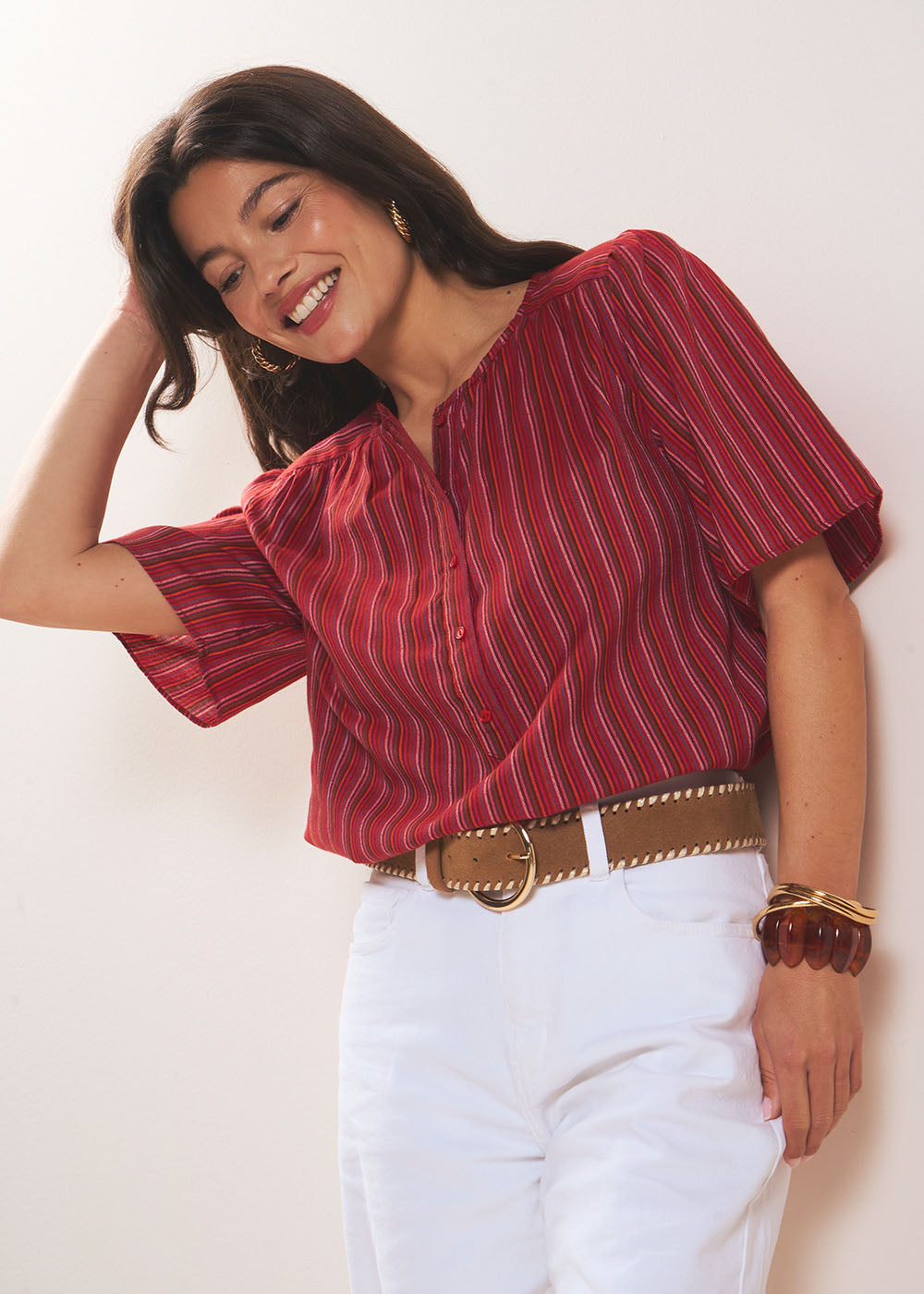 TANGELA Short-sleeved flared striped shirt - 1 - Sud Express - Sud Express