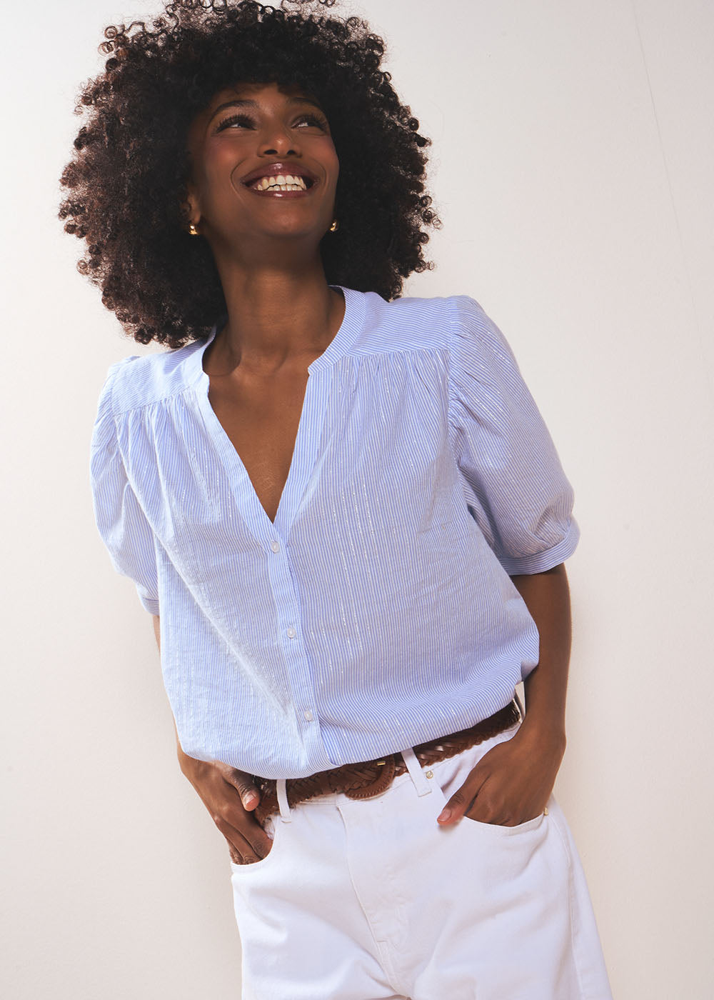 Striped shirt with short balloon sleeves - Sud Express - 1 - Sud Express