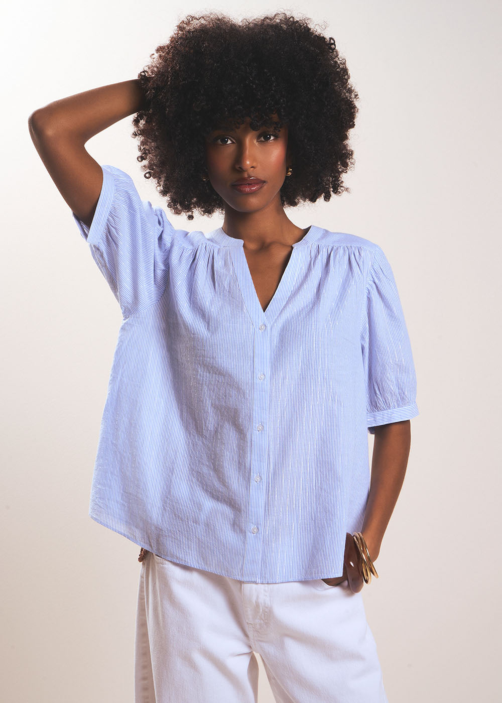 Striped shirt with short balloon sleeves - Sud Express - 5 - Sud Express