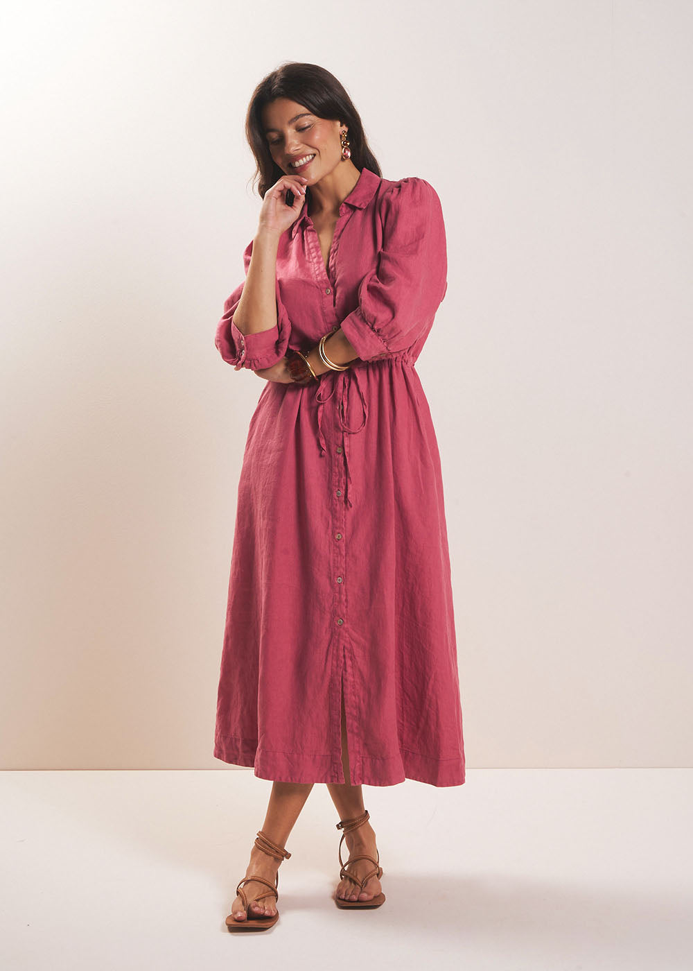 REBANE Long linen dress with waist tie - 1 - Sud Express - Sud Express