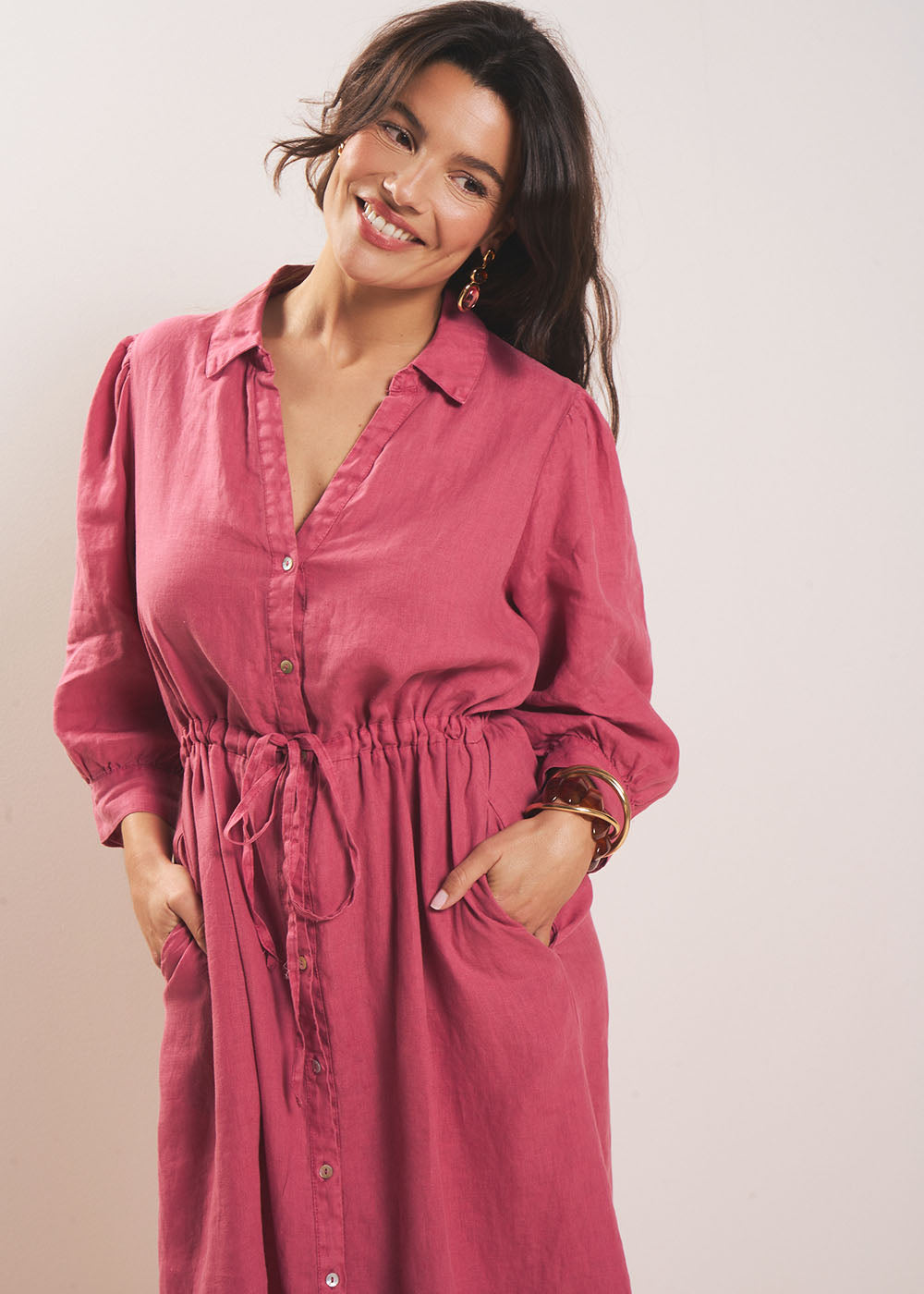 Long linen dress with waist tie - Sud Express - 5 - Sud Express