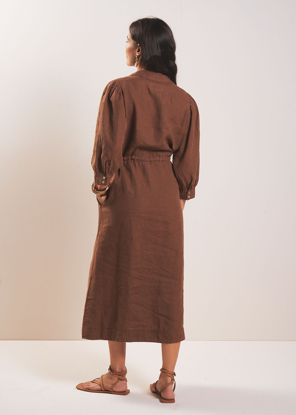 REBANE Long linen dress with waist tie - 3 - Sud Express - Sud Express