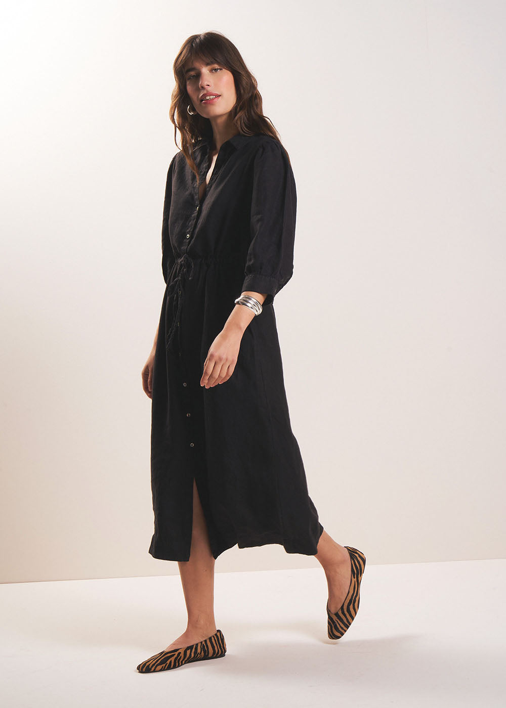 REBANE Long linen dress with waist tie - 1 - Sud Express - Sud Express