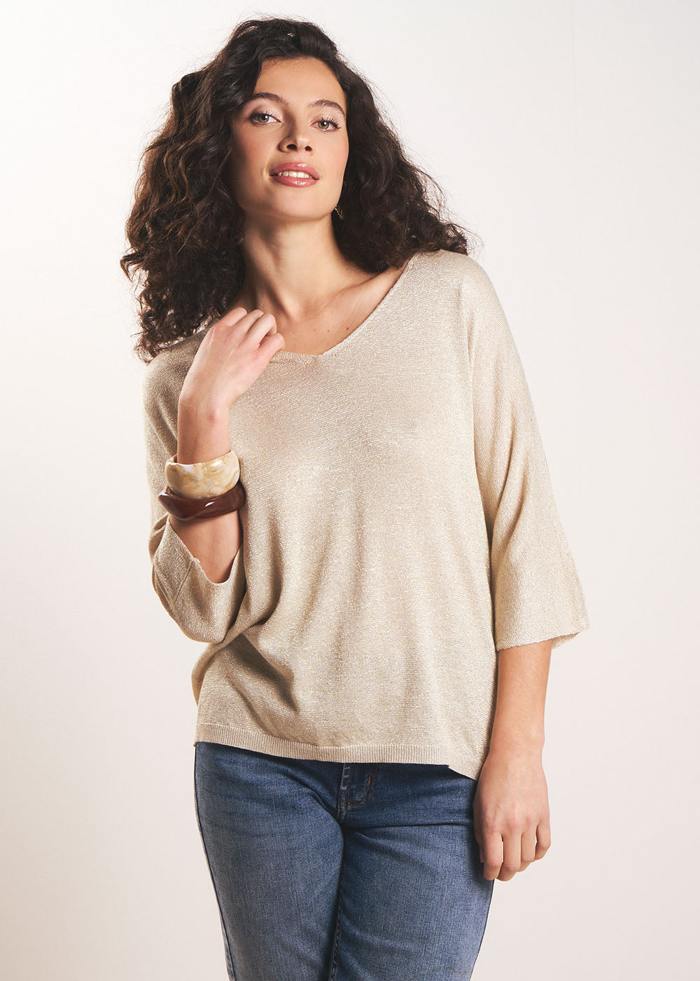MIKOLOR Oversized V-neck jumper in shiny knit with short sleeves - 1 - Sud Express - Sud Express