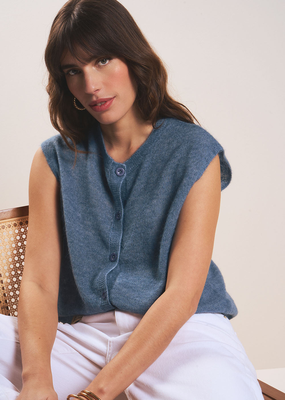 GILETTE Sleeveless cardigan with round neck - 1 - Sud Express - Sud Express