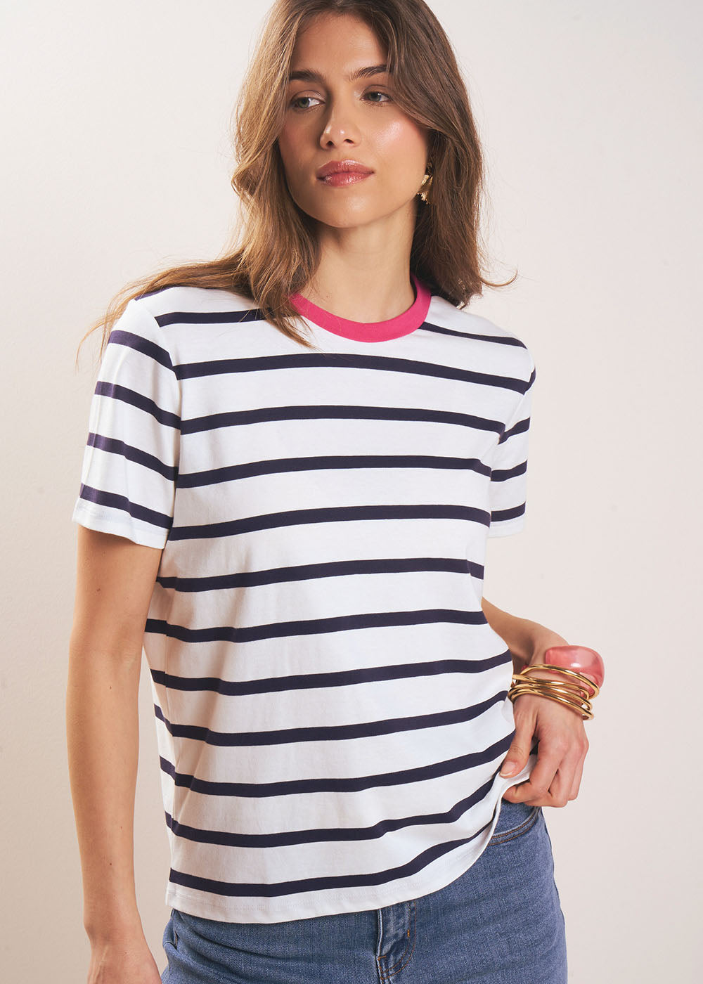 TALULY Striped T-shirt with a fuchsia collar - 1 - Sud Express - Sud Express