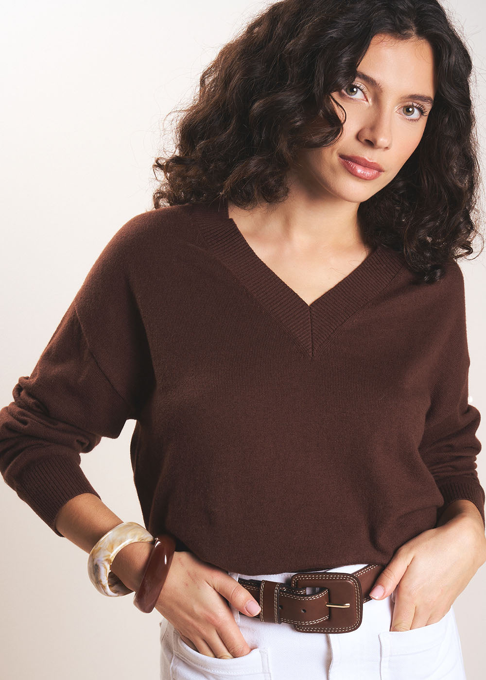 MIANALA V-neck jumper in cotton wool - 1 - Sud Express - Sud Express