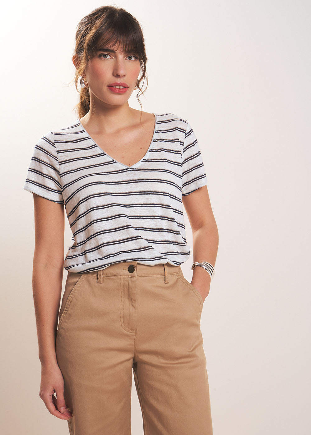 TANAIA Striped V-neck linen T-shirt - 1 - Sud Express - Sud Express