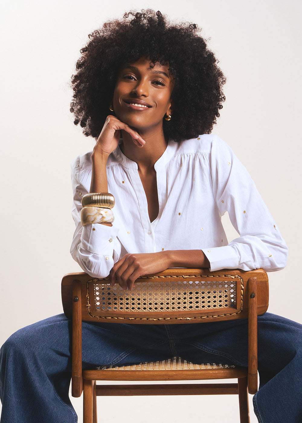 COLETA  Blouse with gold polka dots and tunisian collar - 1 - Sud Express - Sud Express