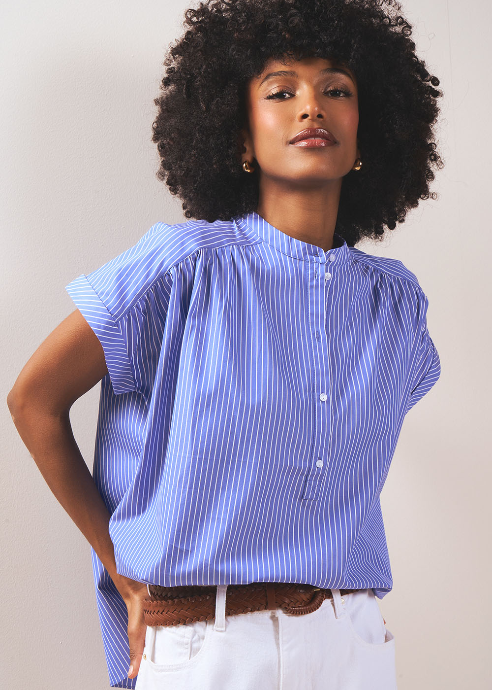 CALINY Short-sleeved striped shirt with mandarin collar - 1 - Sud Express - Sud Express