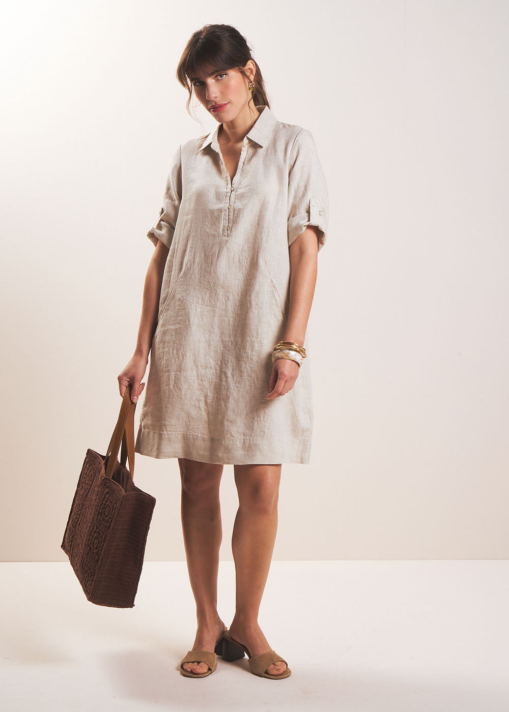 RAVILA Short linen dress with shirt collar - 1 - Sud Express - Sud Express