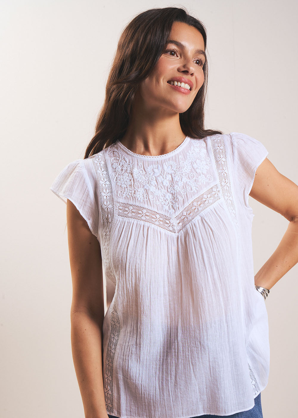 TOLIVIE  Cotton gauze top with macramé details - 1 - Sud Express - Sud Express