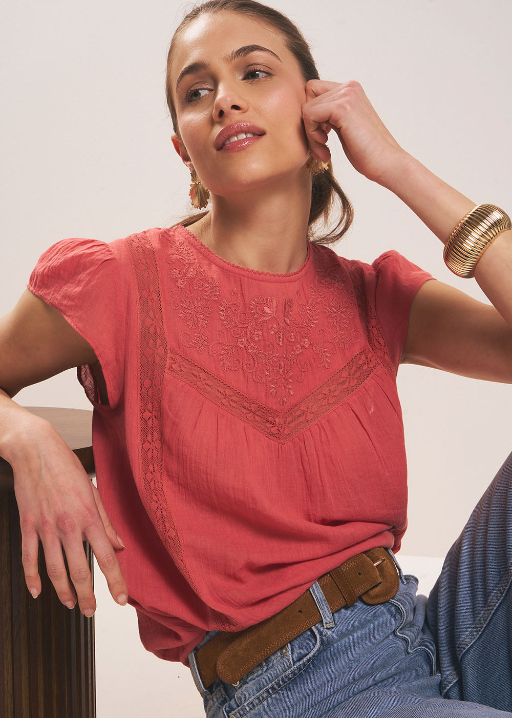 TOLIVIE  Cotton gauze top with macramé details - 1 - Sud Express - Sud Express