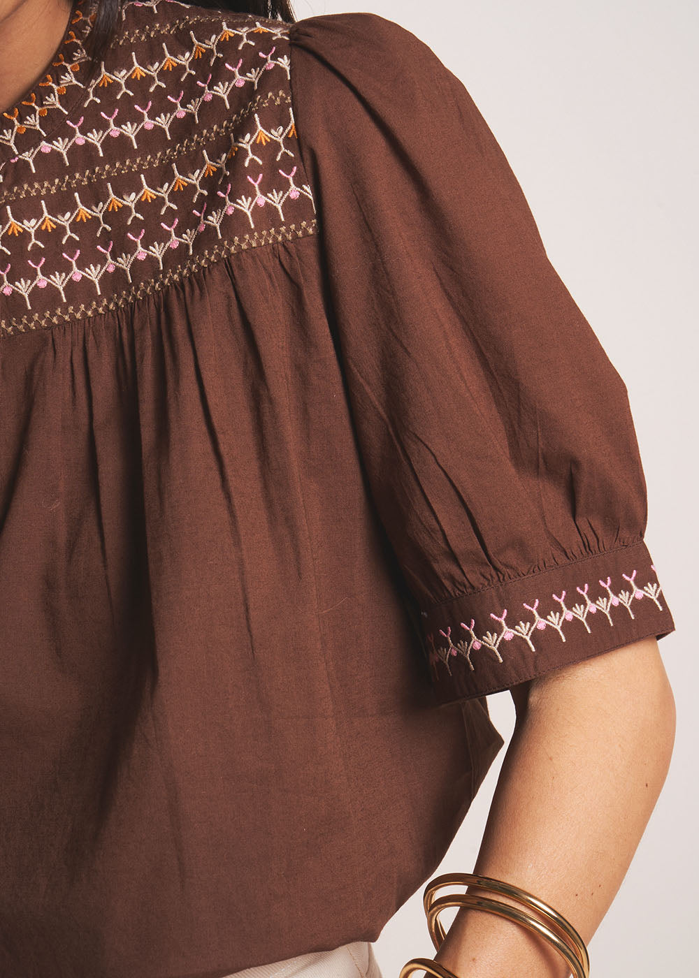 TILOA Chocolate brown gathered cotton blouse - 2 - Sud Express - Sud Express