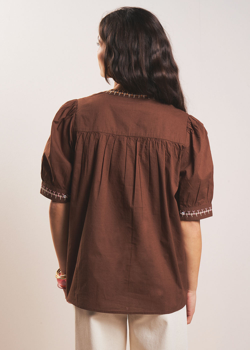 TILOA Chocolate brown gathered cotton blouse - 3 - Sud Express - Sud Express