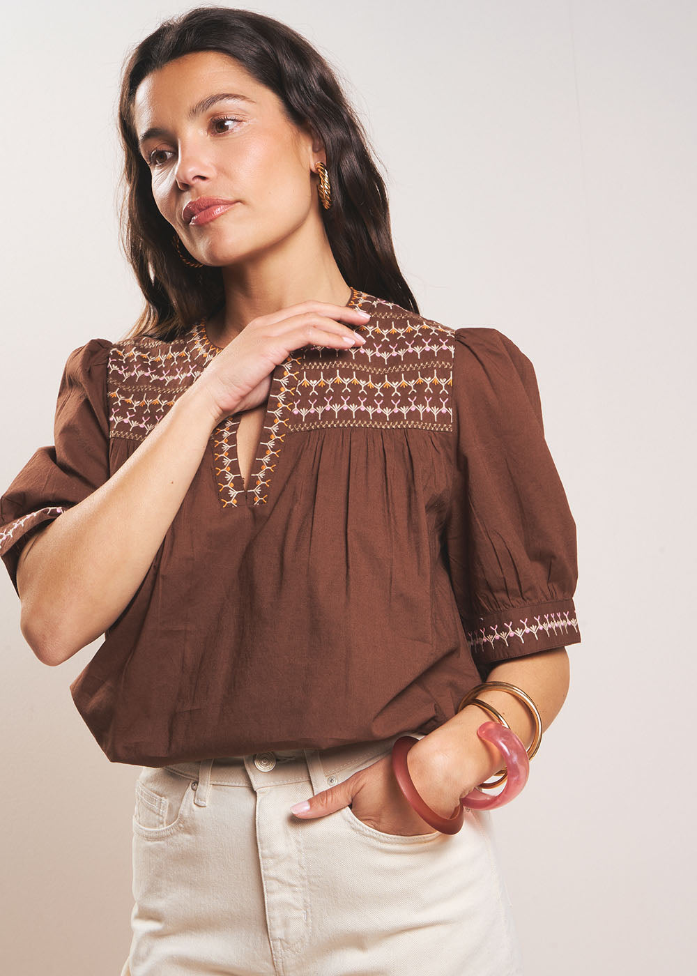 TILOA Chocolate brown gathered cotton blouse - 4 - Sud Express - Sud Express
