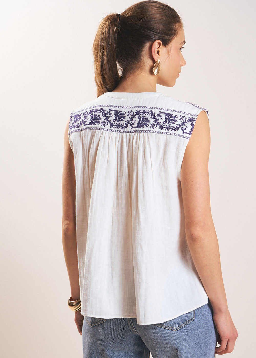 TAMILO Cross-stitch embroidered cotton gauze blouse - 3 - Sud Express - Sud Express