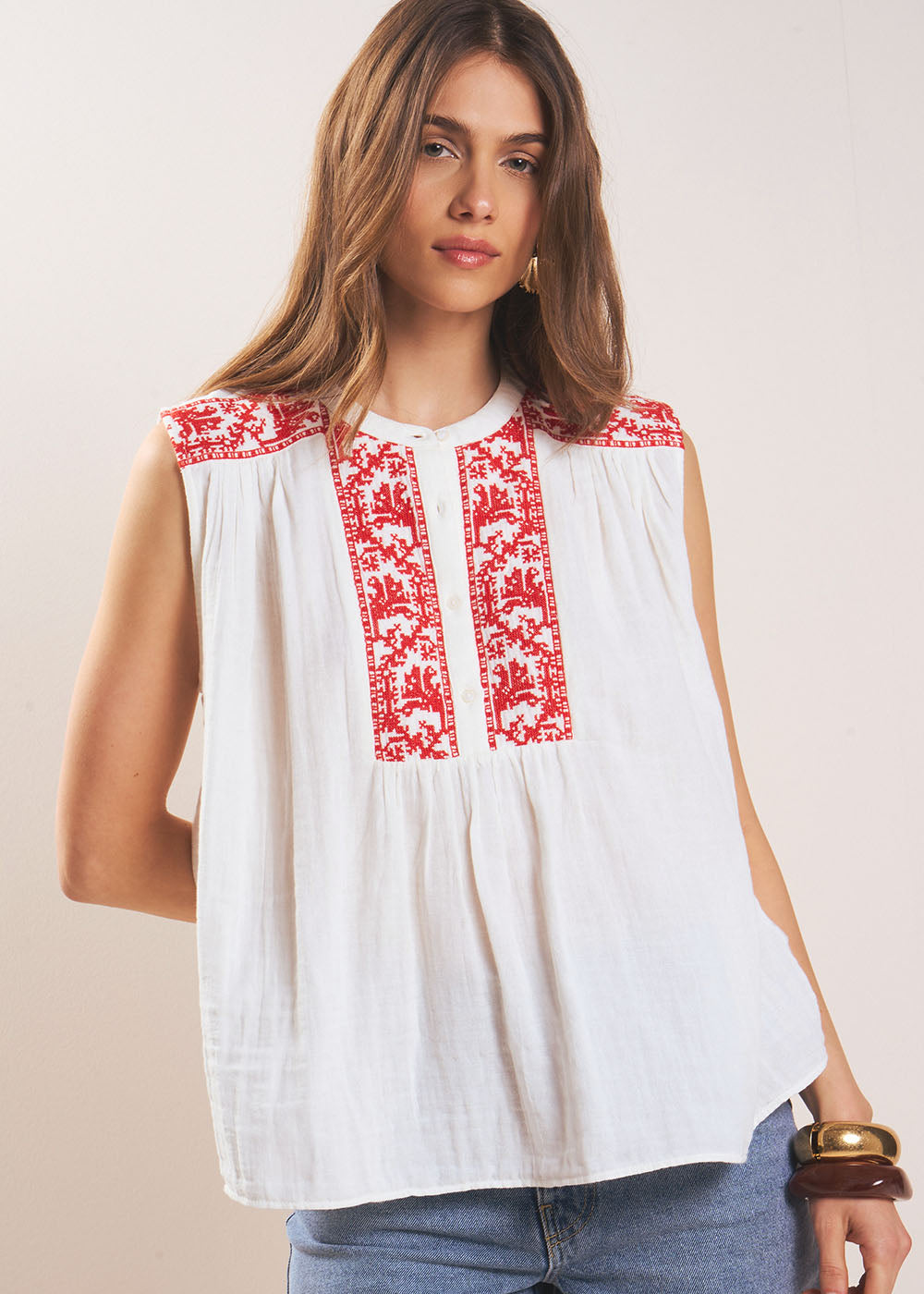 TAMILO Cross-stitch embroidered cotton gauze blouse - 1 - Sud Express - Sud Express