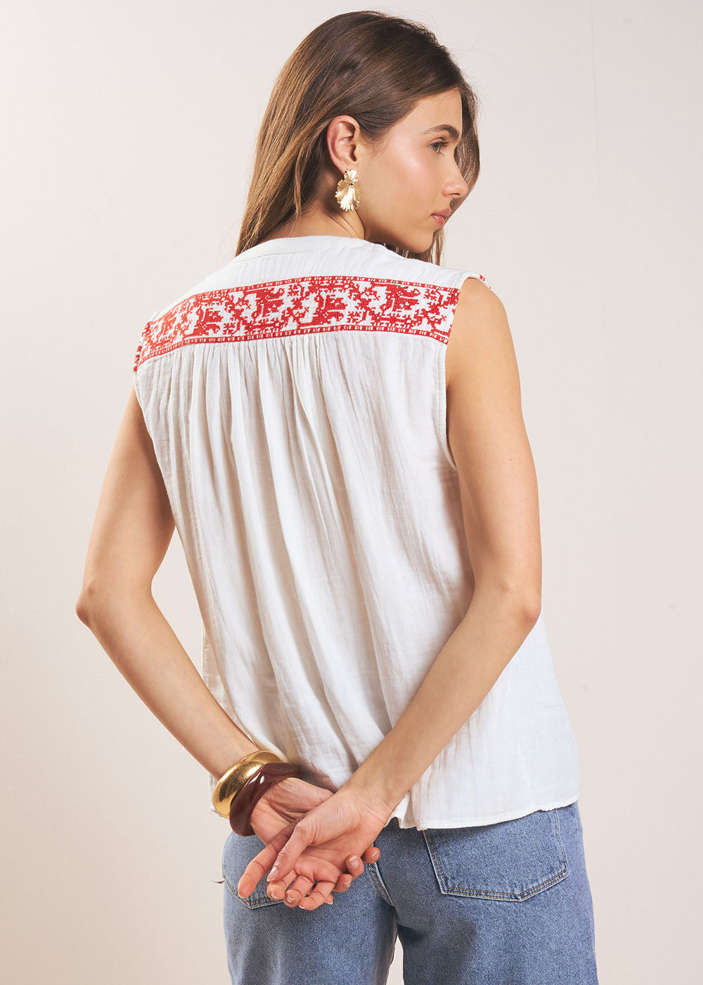 TAMILO Cross-stitch embroidered cotton gauze blouse - 3 - Sud Express - Sud Express