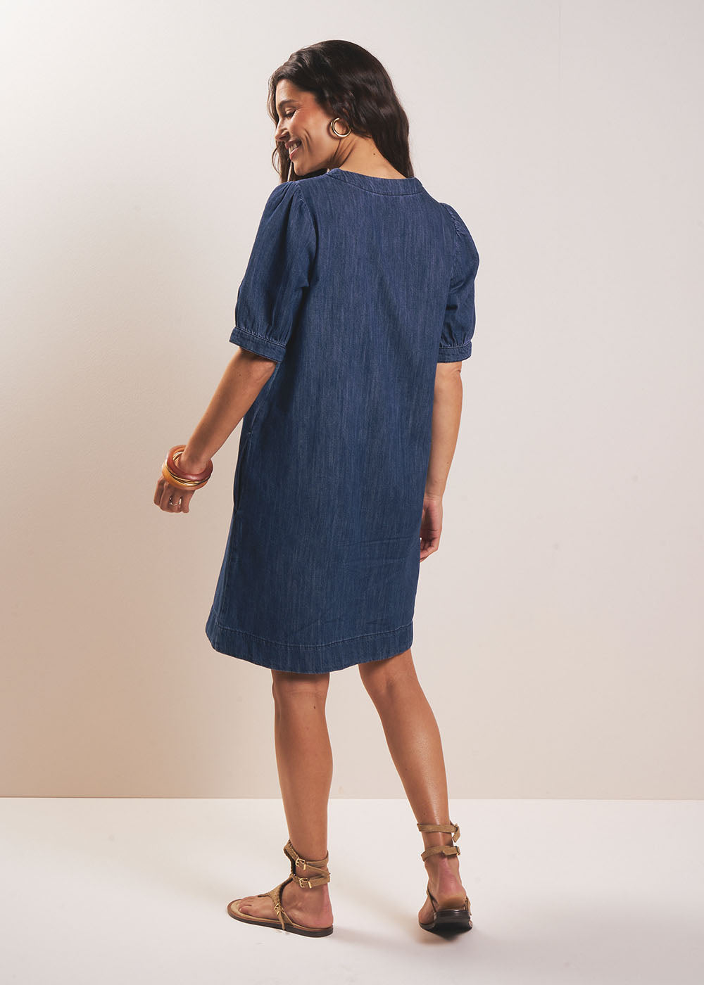 RALABA Short denim dress with V-neck and tie - 3 - Sud Express - Sud Express