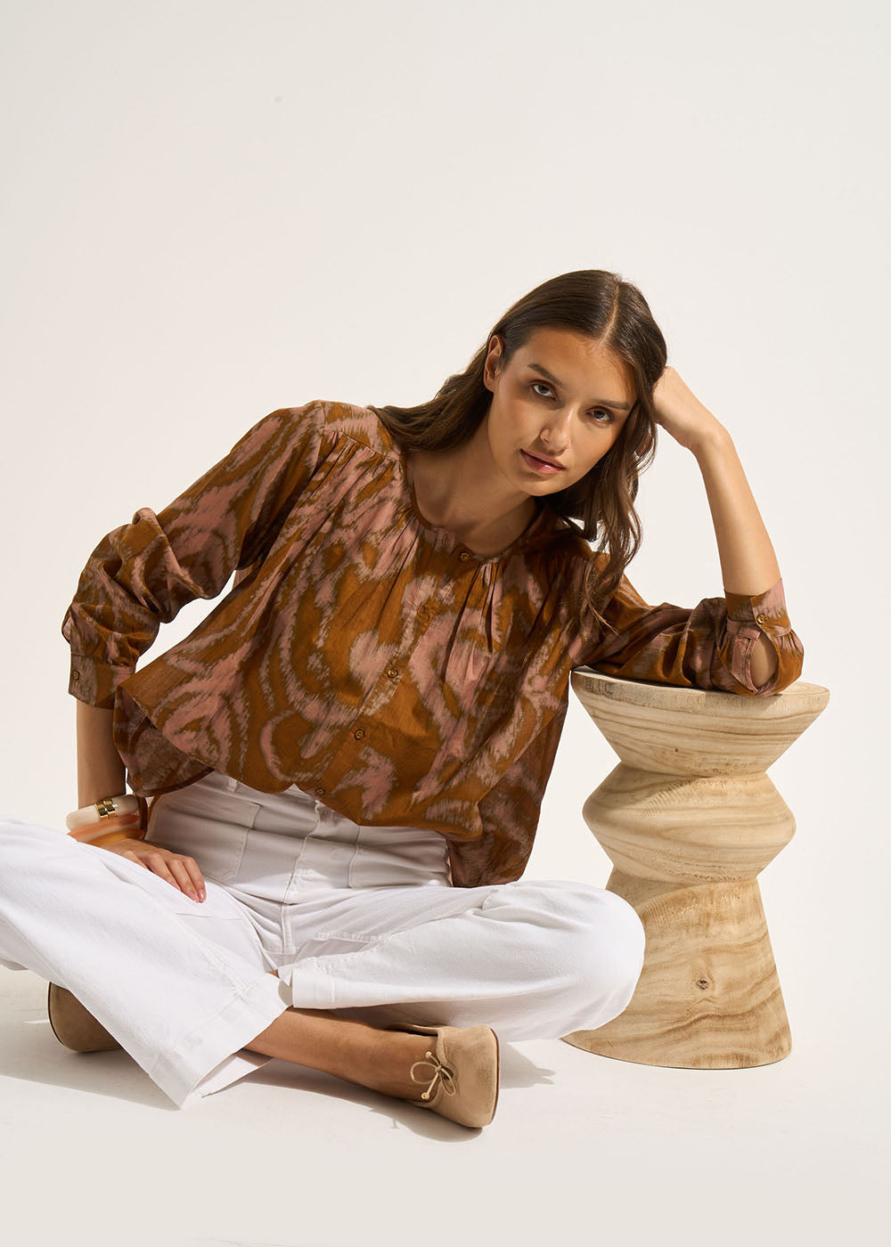 Printed cotton shirt long sleeves round neckline - Sud Express - 4 - Sud Express