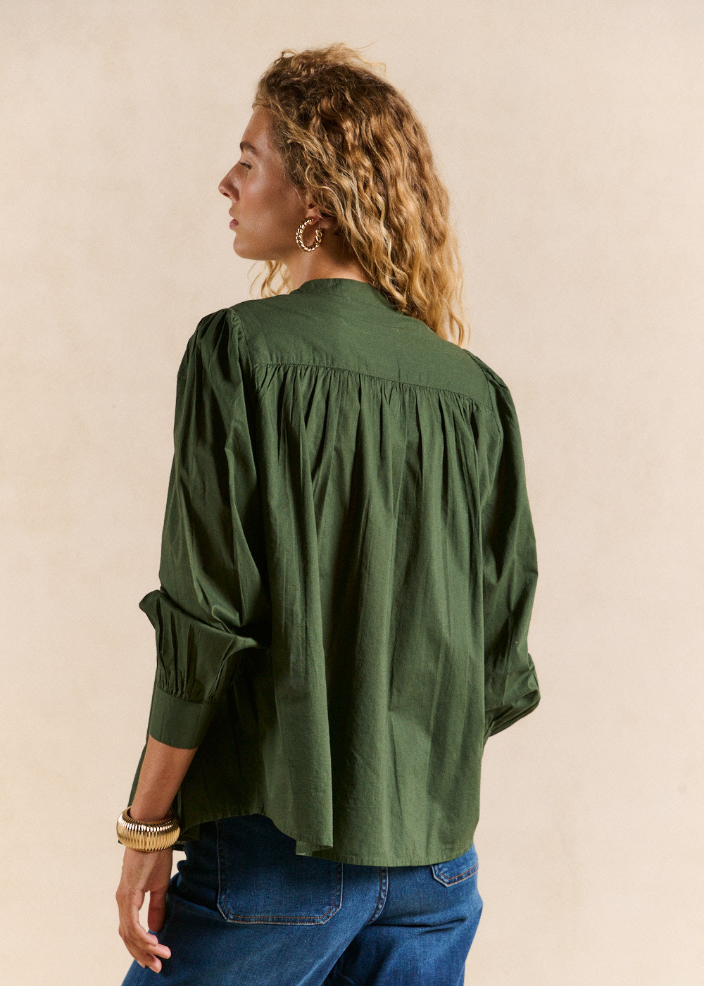 Kaki cotton shirt with smocking - Sud Express - 3 - Sud Express