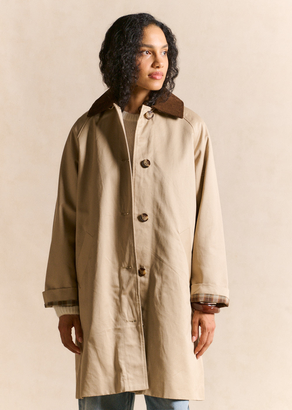 Twill trench coat with detachable velvet collar - Sud Express - 5 - Sud Express