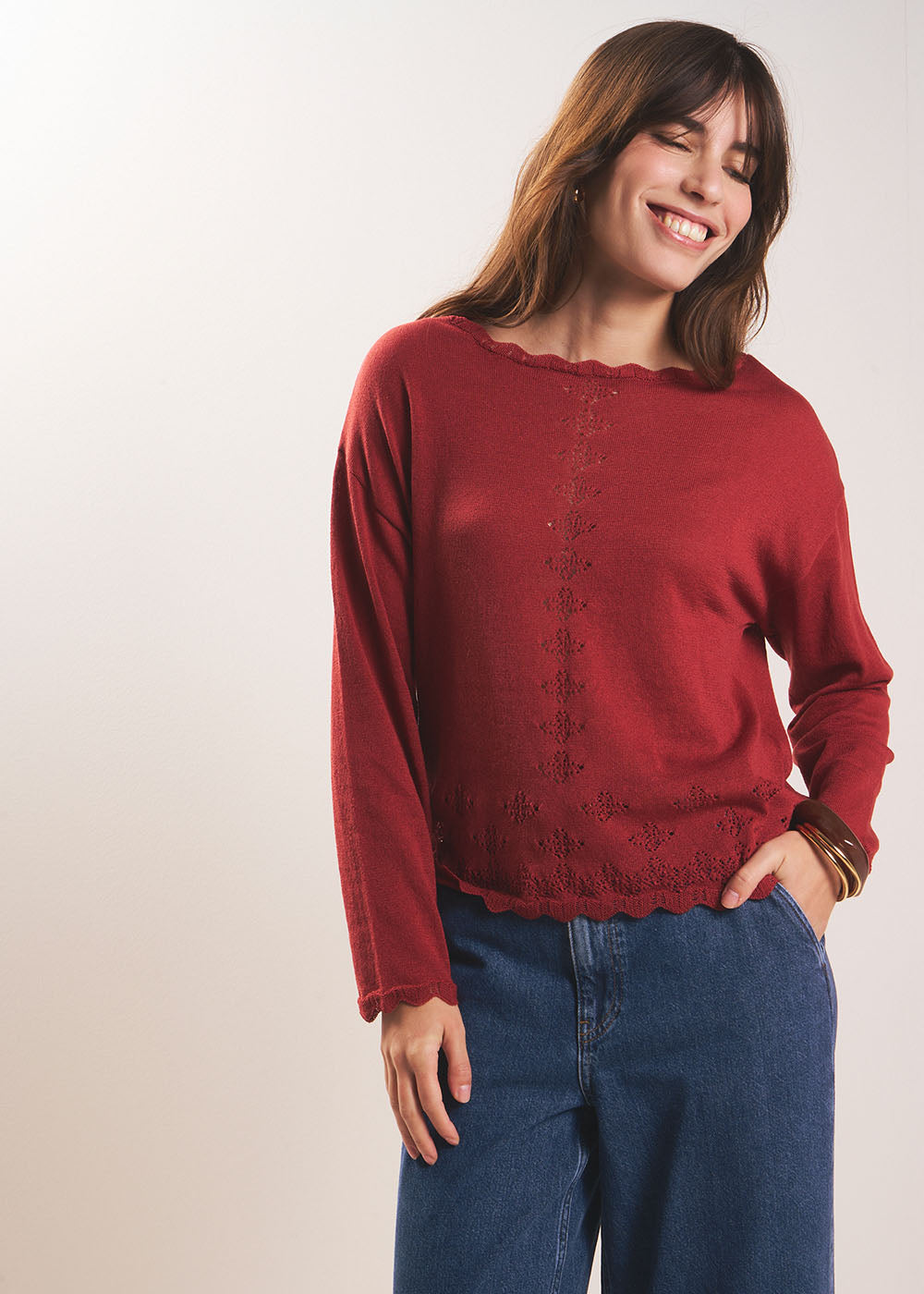 Round neck jumper with knit pattern - Sud Express - 5 - Sud Express