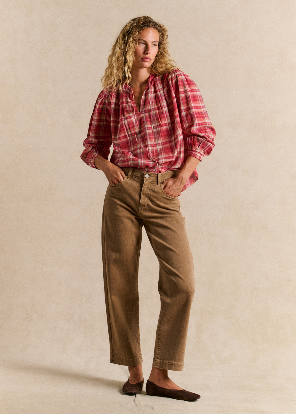 Checked blouse with a tunisian collar - Sud Express - 5 - Sud Express