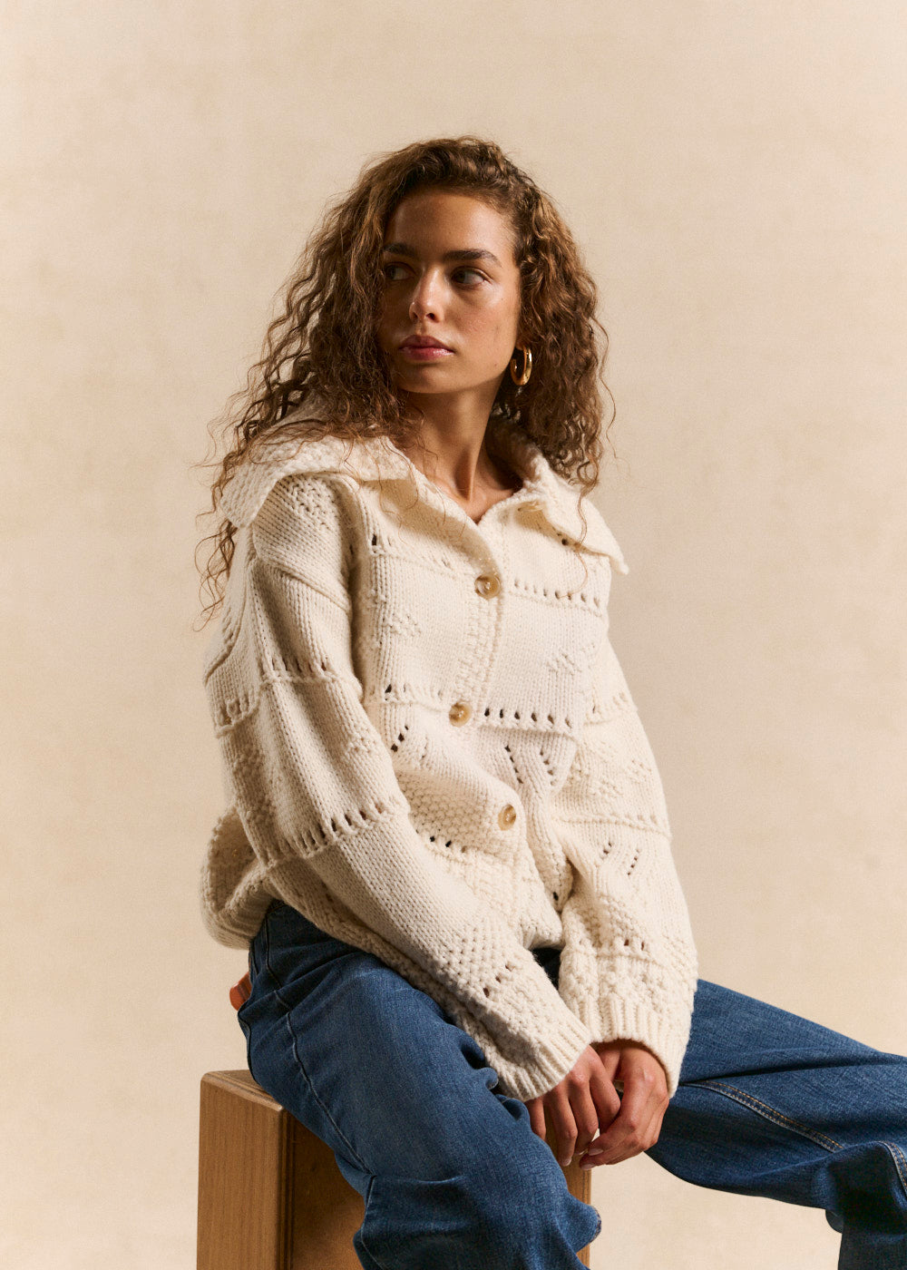 Floral jacquard cardigan with oversized collar - Sud Express - 4 - Sud Express