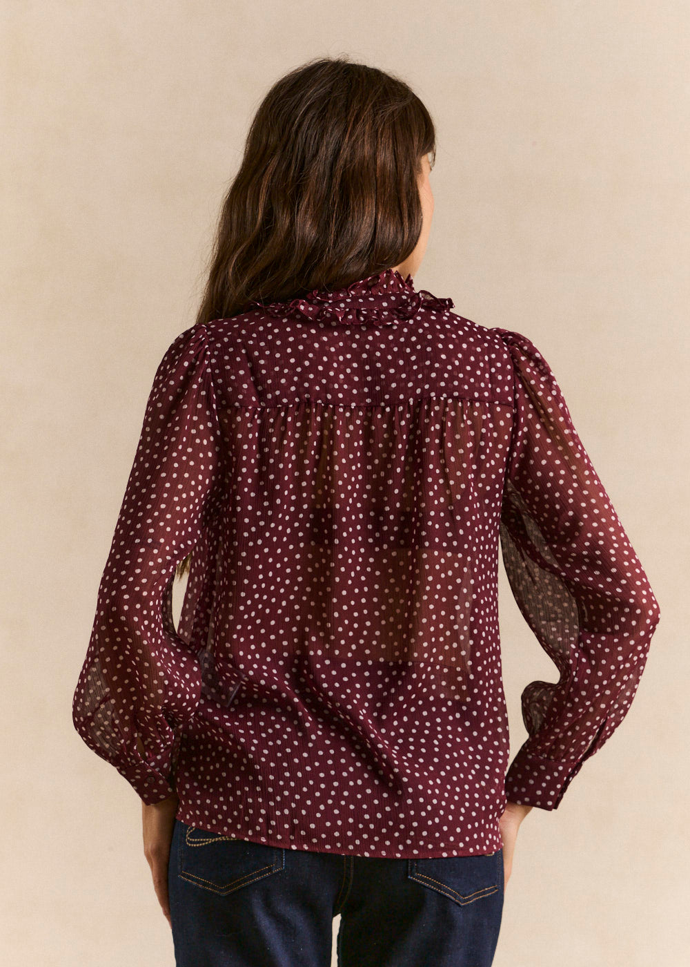Polka dot printed blouse with ruffled collar - Sud Express - 3 - Sud Express