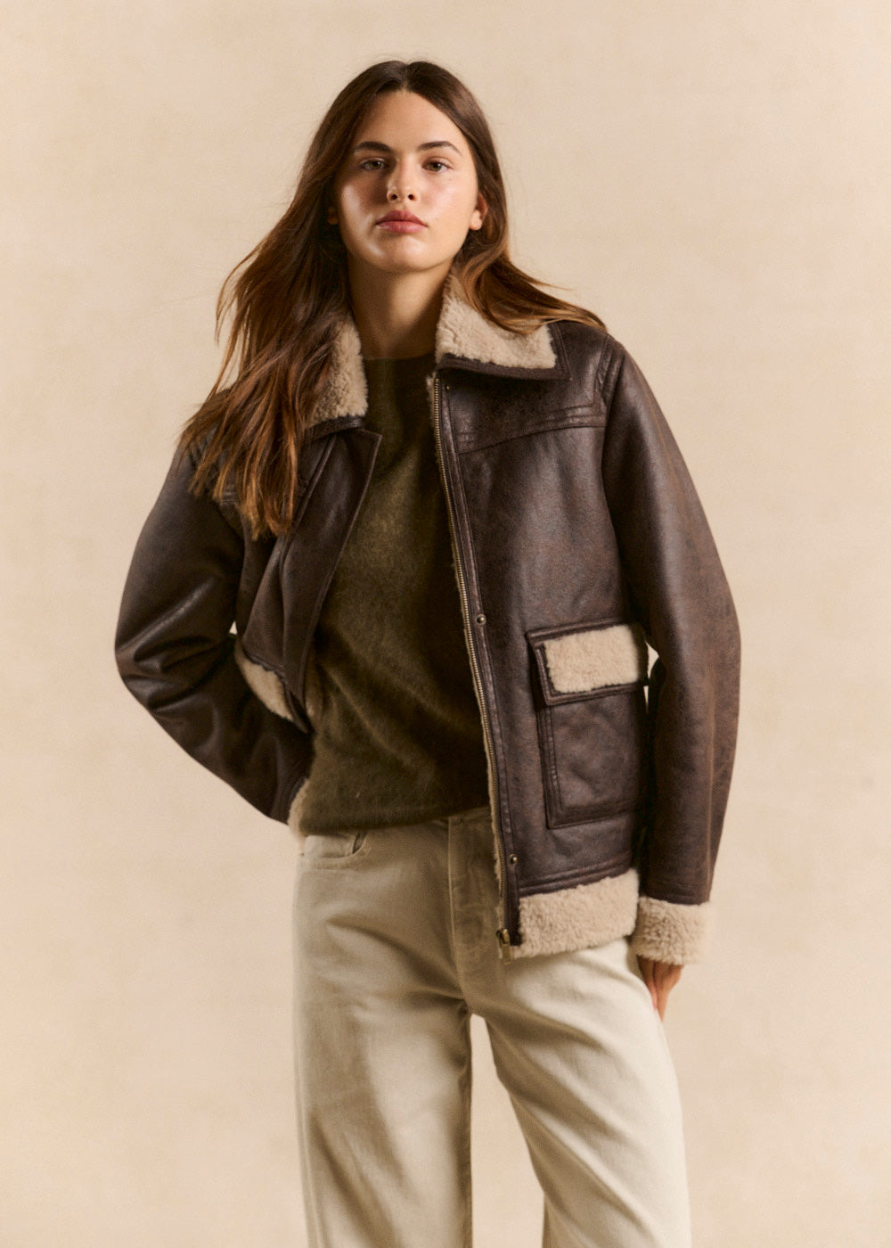 MANDARINE Straight jacket with suede effect and fur collar - 1 - Sud Express - Sud Express