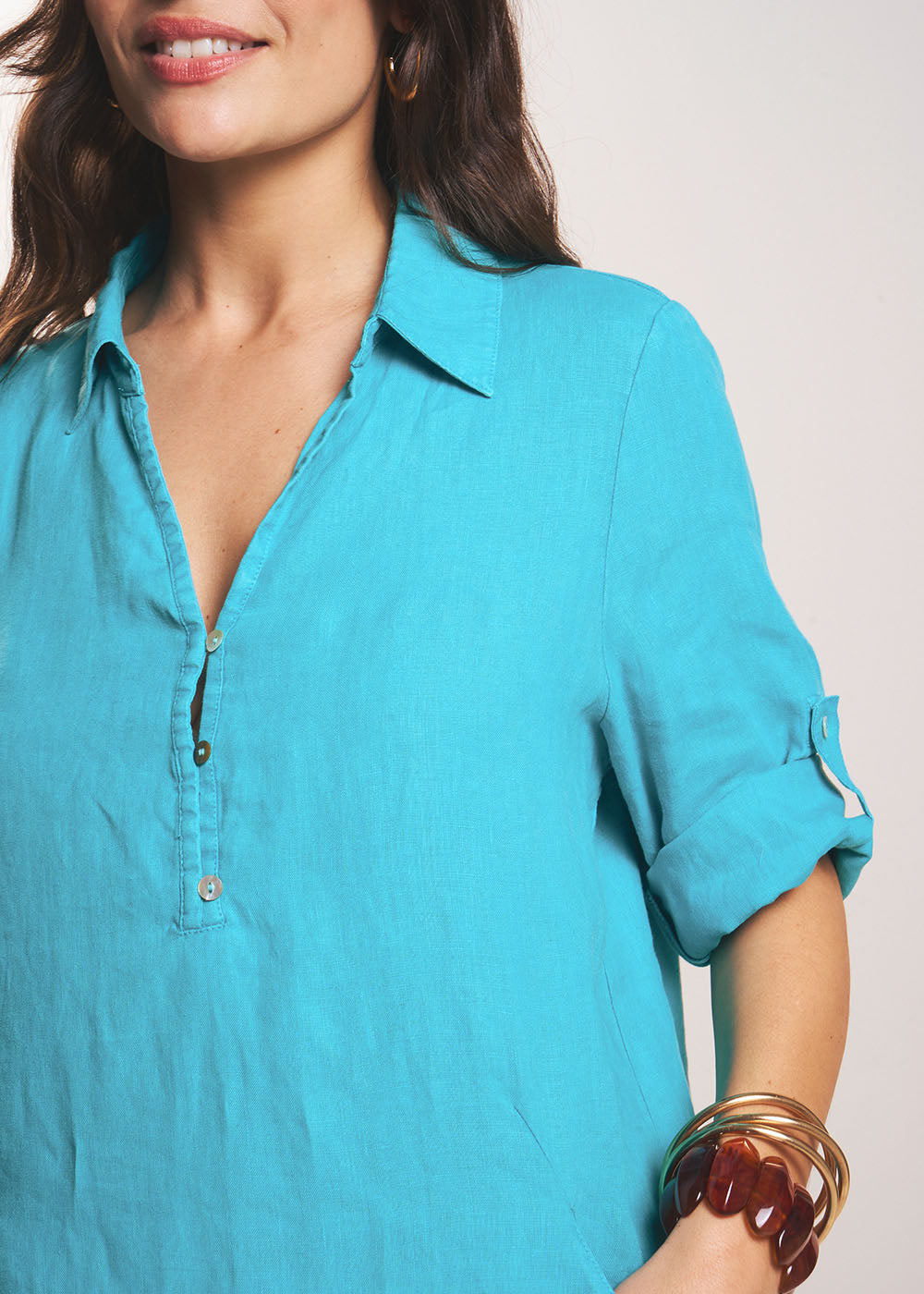Short linen dress with shirt collar - Sud Express - 2 - Sud Express