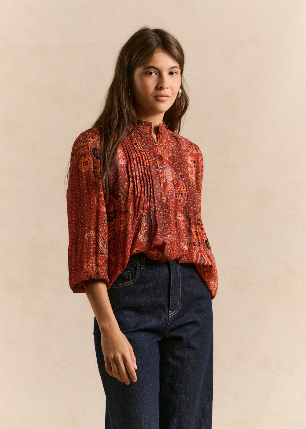 Printed shirt with ruffled mandarin collar - Sud Express - 5 - Sud Express