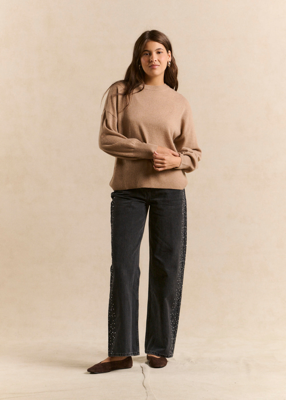 Wide-leg black denim jeans with studs and rhinestones - Sud Express - 5 - Sud Express