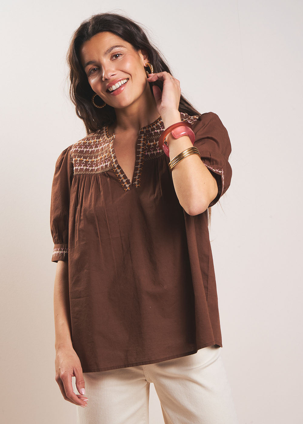 Chocolate brown gathered cotton blouse - Sud Express - 5 - Sud Express