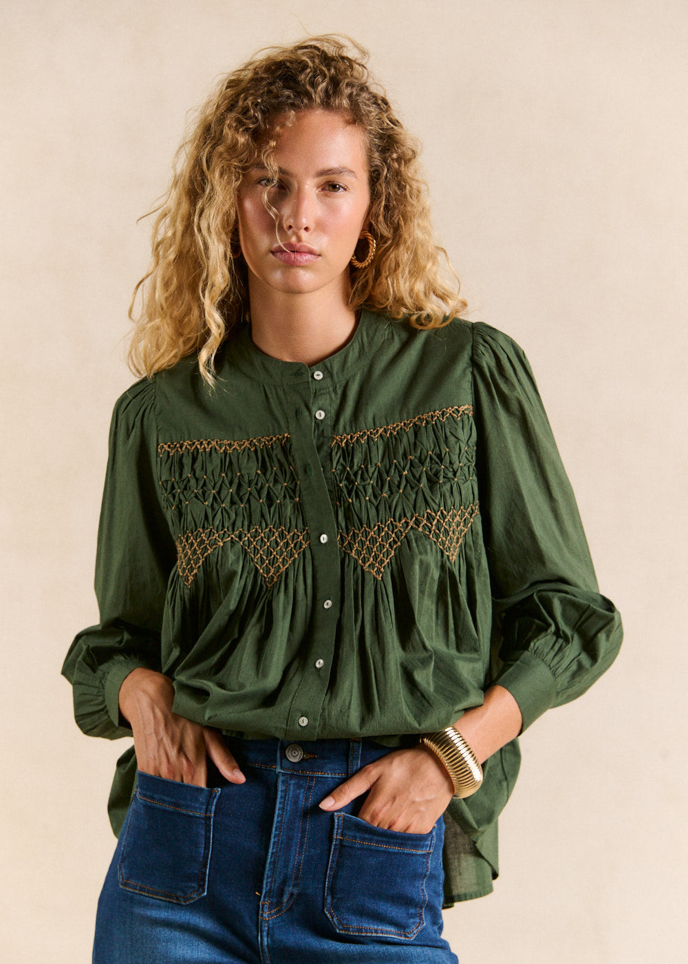 Kaki cotton shirt with smocking - Sud Express - 5 - Sud Express