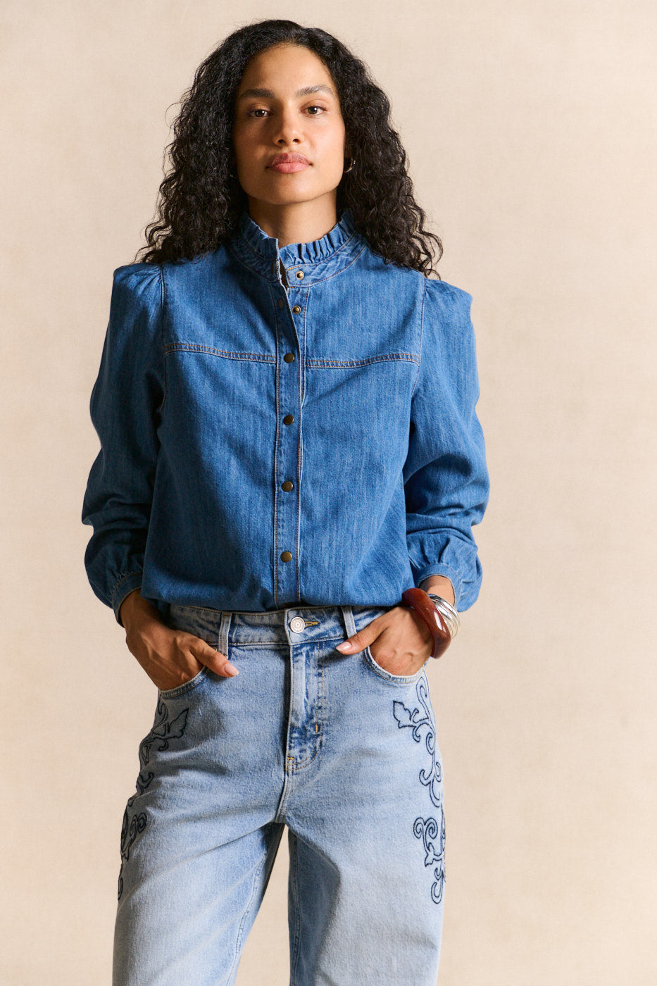 COLUA Denim shirt ruffled collar - 1 - Sud Express - Sud Express