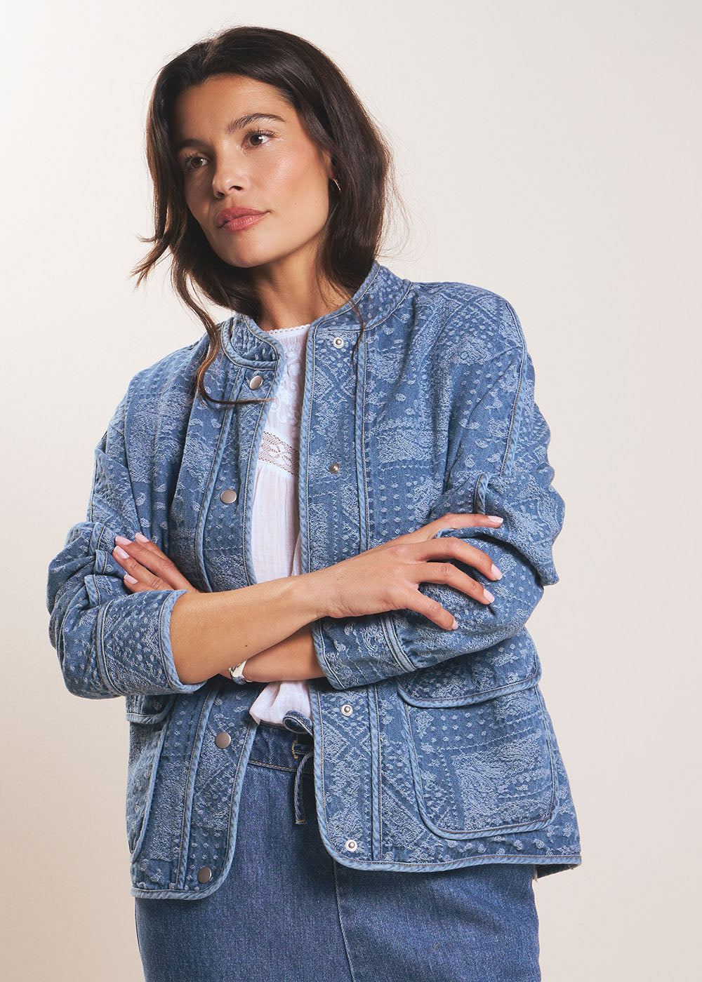 Denim jacquard jacket with mandarin collar - Sud Express - 5 - Sud Express