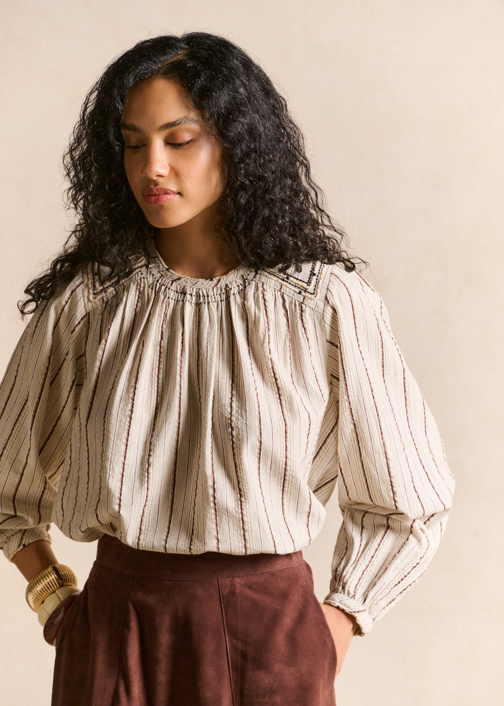 Embroidered round-neck striped blouse - Sud Express - 1 - Sud Express